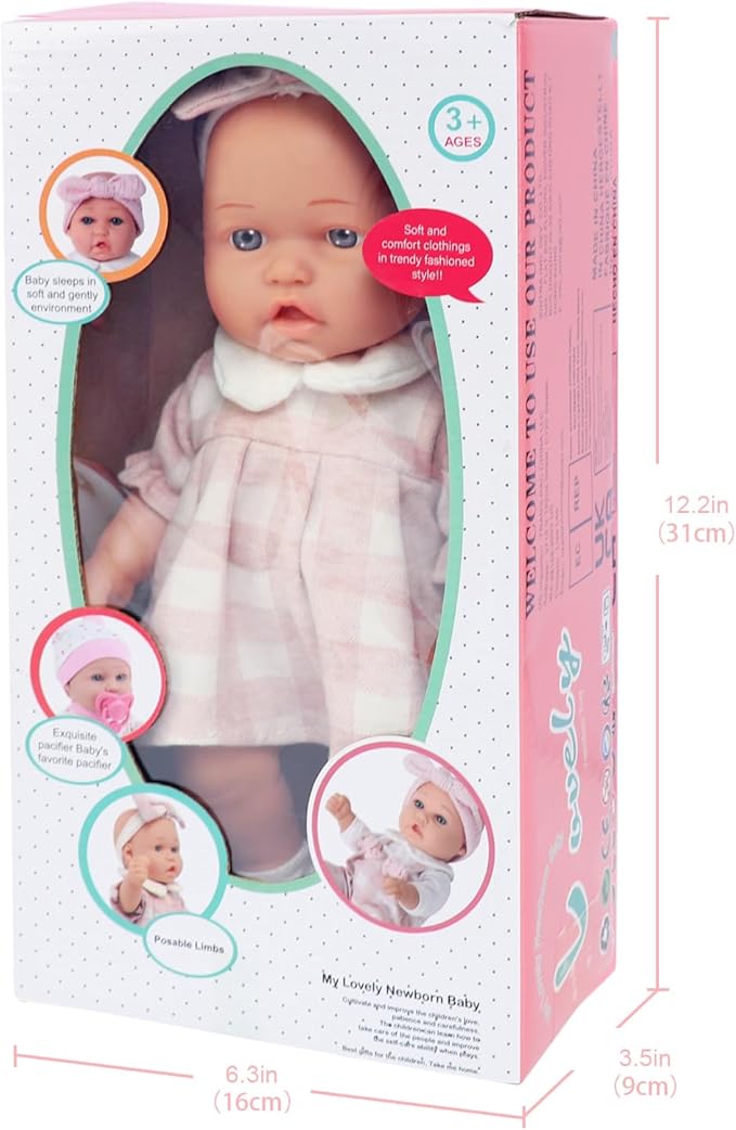 12″ Baby Doll Classic Checkered Dress & 6-Piece Accessories Gift Box Packaged – Soft Realistic Lifelike Baby Dolls for Toddlers & Little Girls
