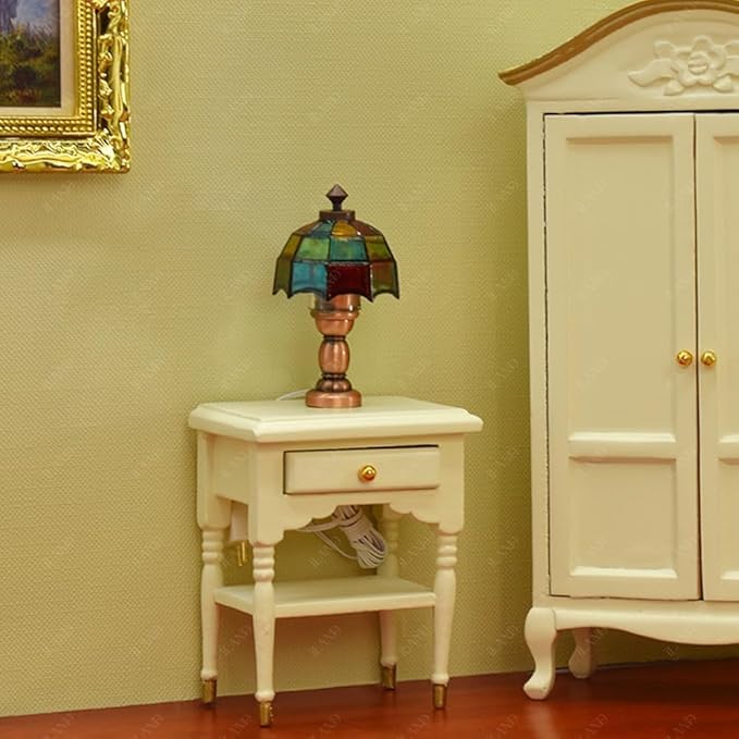 iLAND 1/12 Scale Accessories of Dollhouse Lights, Classic Miniature Lamp for Dollhouse Decoration, Beautiful Mosaic Lattice Table Lamp w/Plug