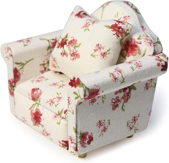 Dollhouse Couch with Pillow 1 12 Scale Miniature Sofa Arm Chair Living Room Furniture Wooden Fabric Frame Single Reading Chair Artificial House Room Scene Decoration (White Floral)