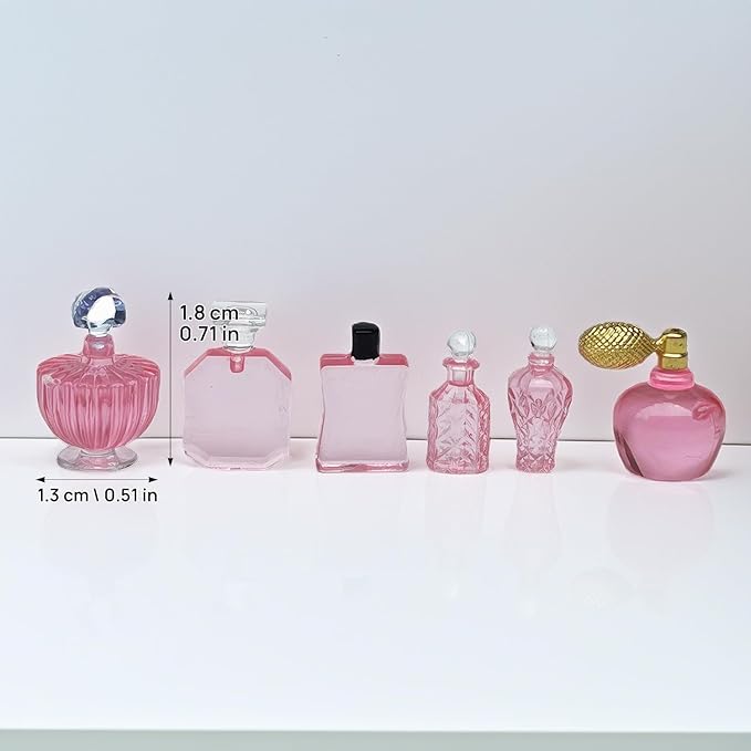1/12 Scale Miniature Cosmetic Set: 6 Realistic Perfume Bottles for Dollhouse Bathroom & Crafts (Pink)