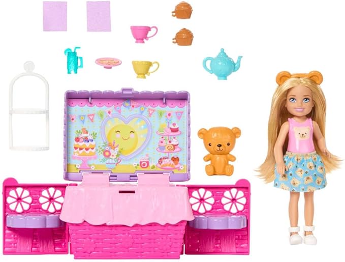 Barbie Family & Friends Club Chelsea Pop-Up Tea Party Playset with Blonde Small Doll, Transforming Picnic Basket & 10+ Accessories