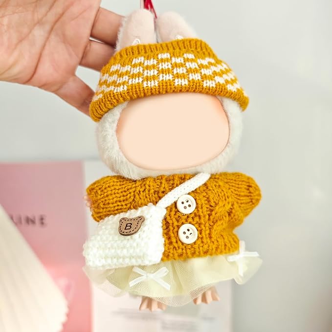 17cm Doll Clothes for Lububu,Outfits Set with Hand-Crocheted Yellow Sweater, Hat, Skirt, Shoes and Bag, Designer Clothing and Accessories for Macarons Series Dolls Dress-Up(Yellow Sweater Skirt)