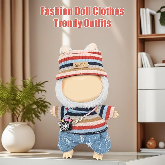 Clothes for Lububu 17cm Dolls(NO Doll) for Lububu Doll Outfits with Accessories Suit for Lububu Cute Stylish Dress Up Set Easter Gifts Blue Pants