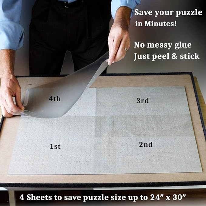 Save 10 x 1000 Piece Puzzles - 40 Clear Puzzle Glue Sheets Extra Large Thick No Mess Jigsaw Puzzle Saver Tape Peel and Stick Adhesive Backing