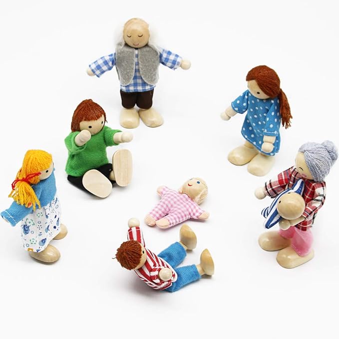 Lovely Family Dollhouse Dolls Set of 8 Wooden Figures, Kids Girls Happy Playset Characters Accessories for Children Pretend Gift