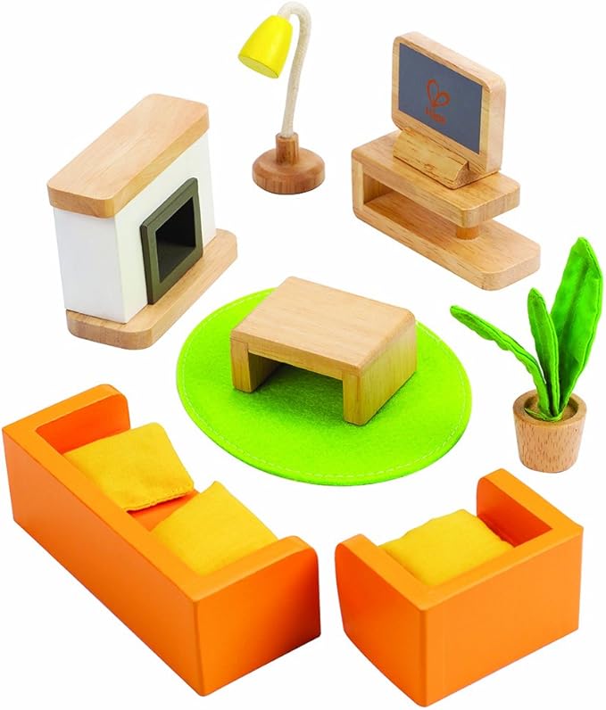 Hape Wooden Doll House Furniture Media Room Set| Pretend Playset for Kid’s Wooden Dollhouse