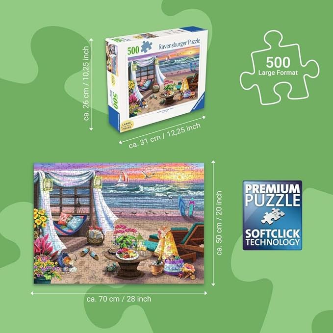 Ravensburger - Cabana Retreat - 500 Piece Large Format Jigsaw Puzzle - Enjoy Peaceful, Salty Breezes and a Stunning Ocean Sunset - Frameable - Premium Quality - Puzzles for Adults
