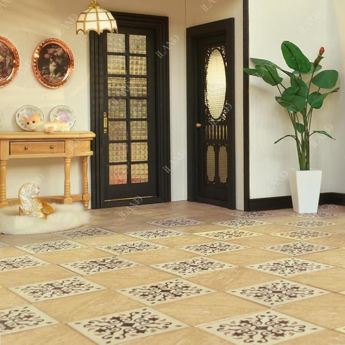 iLAND Dollhouse Flooring on 1/12 Scale 1/6 Scale, Miniature Dollhouse Accessories, 60pcs Double-Sided Dollhouse Floor Tiles (60pcs Noble Swords in Vines & Twill Marbeling)