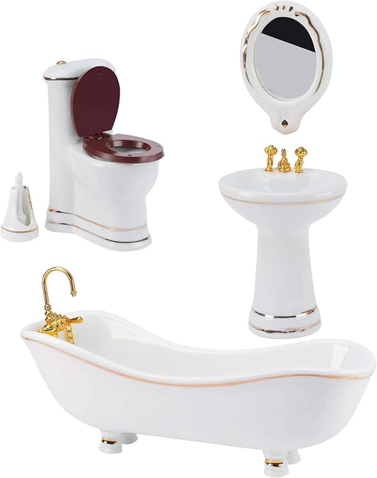 Waldosia 1:12 Scale Dollhouse Bathroom Fixtures and Accessories - Bathtub, Pedestal Sink, Working Toilet Tank, Mirror, Brush Holder (5 PCS A Set)