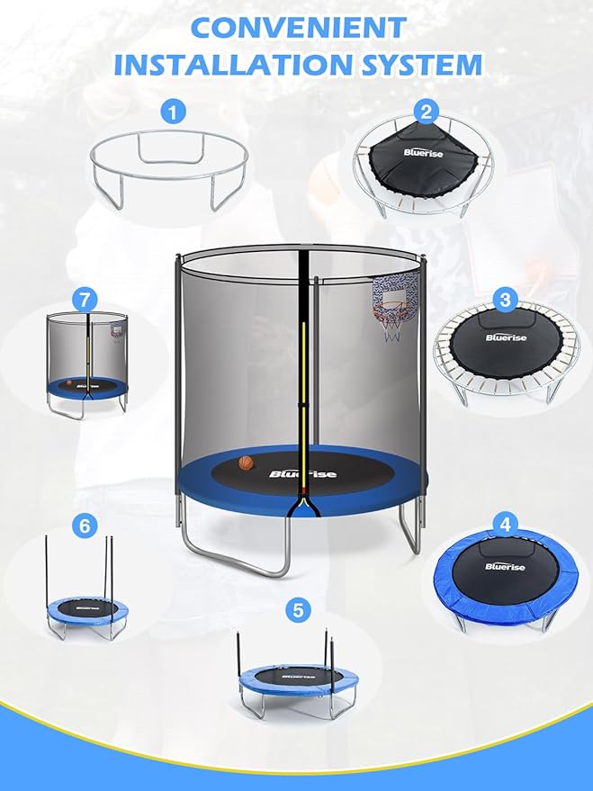 BLUERISE 55IN 6FT Toddler Trampoline for Kids Indoor Outdoor Play for Kids Trampoline Basketball Hoop Attachment with Enclosure Net Easy to Assemble