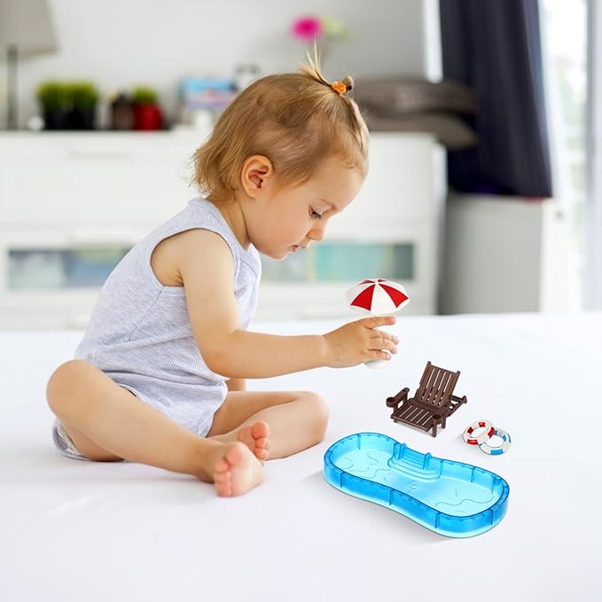 Abaodam Beach Mini House Decoration, Mini Swim Pool with Ring Chair Umbrella, Summer Seaside Miniatures Beach Swimming Pool Set for Crafts Dollhouse Scene Decor
