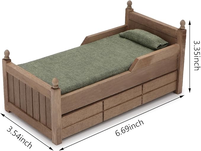 Dollhouse Miniature Bed with Drawer 1:12 Wooden Furniture European Bedroom Bedding Furniture Accessories with Pillow & Mattresses Vintage Floral Fabric Mini House Decoration (Brown)