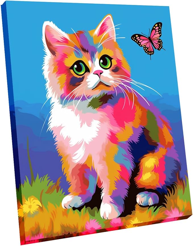 Wooden Framed Paint by Numbers DIY Acrylic Painting Kit for Kids & Adults Beginner – 16" Wx12 L Colorful Cute Cat Pattern