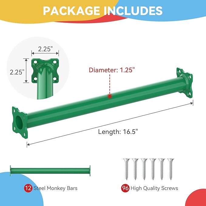 16.5 Inch Monkey Bars Kit Playground Ladder Rungs for Backyard Indoor Outdoor Kids Metal Bars Swing Set Playset Accessories (Green, 12 Pcs)