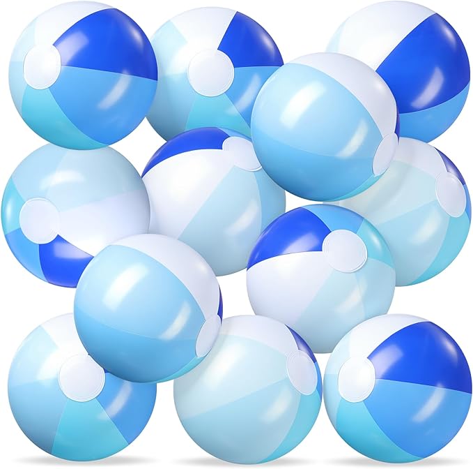 Realspring 12 Pcs Pastel Inflatable Beach Balls Kids Bulk Blue Stripe Jumbo Big Beach Balls Pool Floating Toys for Adults Water Games Baby Shower Birthday Summer Swimming Party Decor Favor(11 Inch)