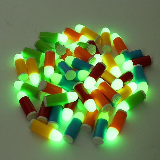 50 PCS Colt Toy Gun Pistol Revolver Replacement Rubber Bullets Ammo Refill Pack - Rubber Tip Glow in the Dark Toy Gun Bullets Mixed Color, Compatible with M1911 Toy Gun, C96 Toy Gun and 45 ACP Toy Gun