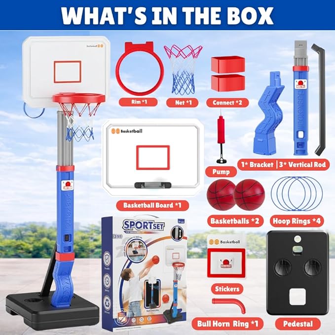 2-in-1 Toddler Basketball Hoop with Ring Toss Game, Adjustable 2.5–5.5 Ft Indoor & Outdoor Kids Basketball Set with Mini Balls, Rings, Pump & Stable Base | Sports Toy for Boys & Girls Ages 1–3+