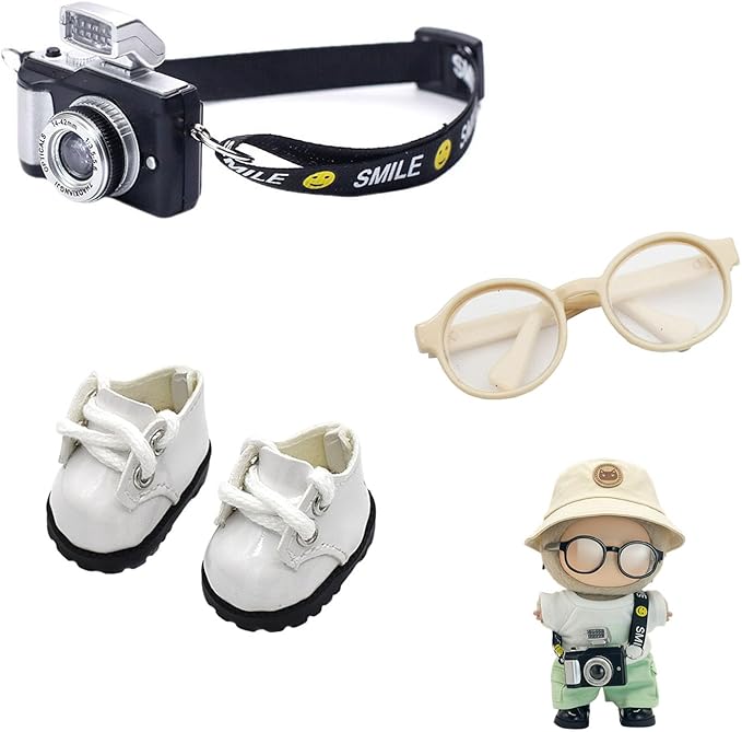 3pcs Doll Accessories Set Included Mini Glasses, Camera and Shoes for 17cm Doll, Dress Up Accessories Mini Costume Supplies for for 6.7 Inches Dolls (Set of White)