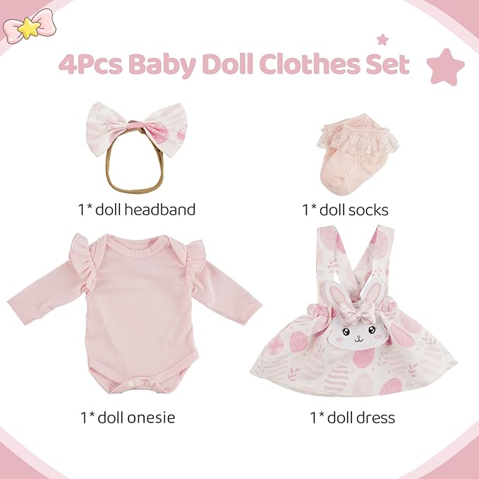 BABESIDE Easter 4 Pcs Reborn Baby Doll Clothes and Accessories for 17-20 Inch Baby Dolls, Easter Pink Bunny Dolls' Clothes Set with Headband (Doll NOT Included)