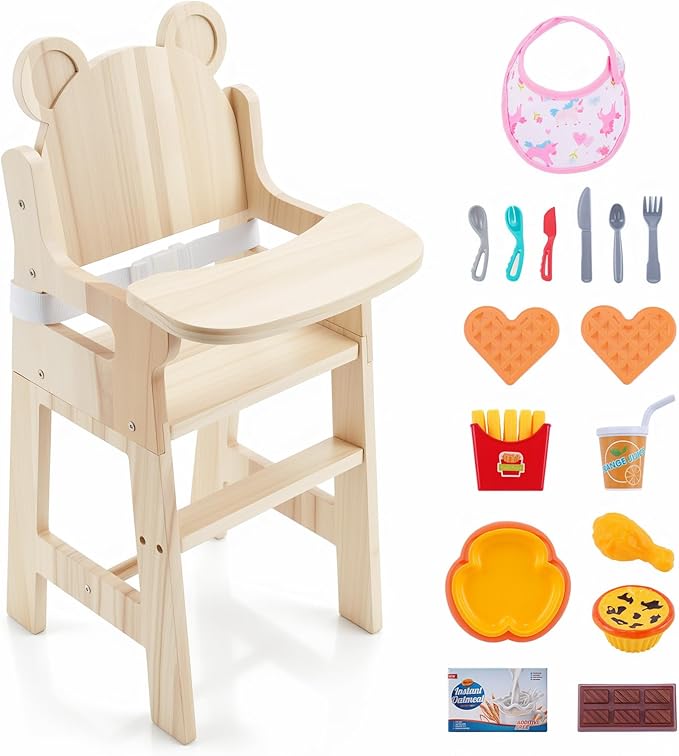 BABESIDE Wooden Baby Doll High Chair Set for 15-20 Inch Dolls Furniture, Babydoll High Chair with Adjustable Tray, Safe Straps and Baby Doll Accessories for Kids Pretend Play Toys