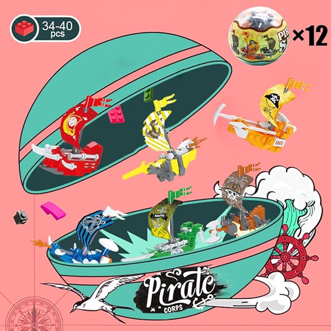 UMEELR 12 Pcs Prefilled Easter Eggs with Ship Building Blocks for Kids, Boys Girls Easter Party Surprise Pirate Ship Blocks Toys in Basket Filler, Basket Stuffers