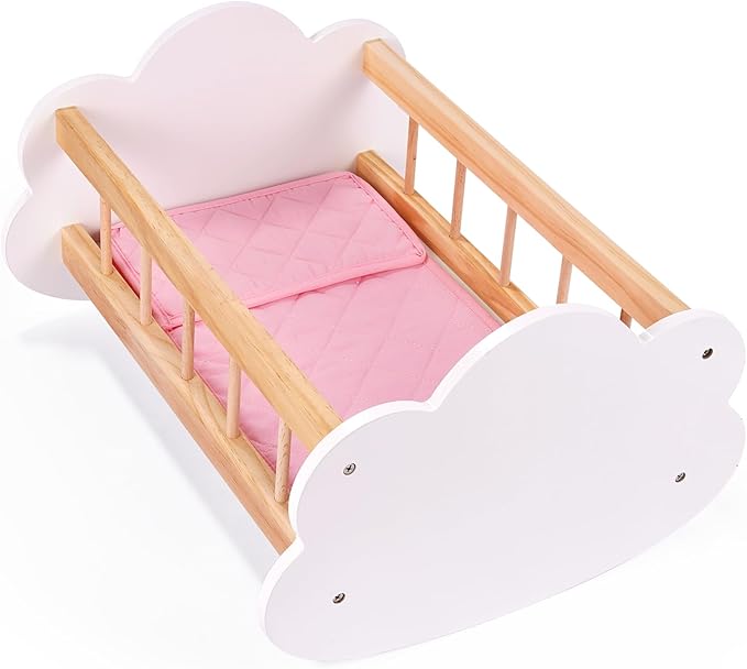 BABESIDE Wooden Baby Dolls Bed for 12-16 Inches Doll, Rocking Babys Doll Crib, Sleep Bed, Baby Dolls Accessories Furniture fit Dolls Boys Girls