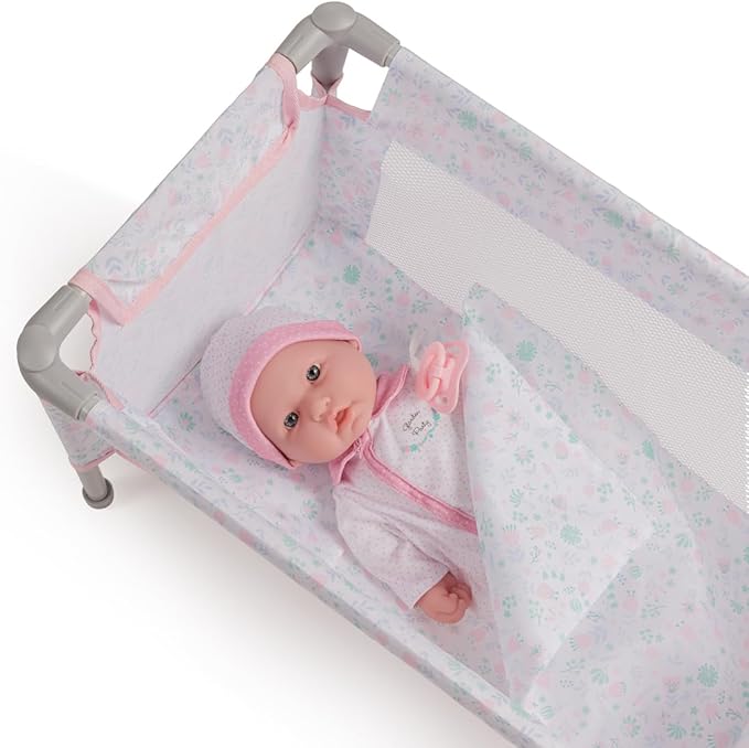JC Toys - Berenguer Boutique | Travel Folding Crib - Playpen with Accessories | Pink Floral Collection | for Dolls up to 18" | Ages 3+