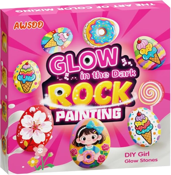 Awsoo Shell & Rock Painting Kit- Girl Style Glow in The Dark Arts and Crafts for Kids Ages 8 9 10 11 12, Art Supplies Craft Paint Kits, Birthday Party Gift Toy for Girl