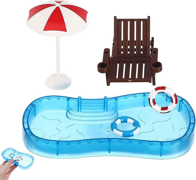 Abaodam Beach Mini House Decoration, Mini Swim Pool with Ring Chair Umbrella, Summer Seaside Miniatures Beach Swimming Pool Set for Crafts Dollhouse Scene Decor