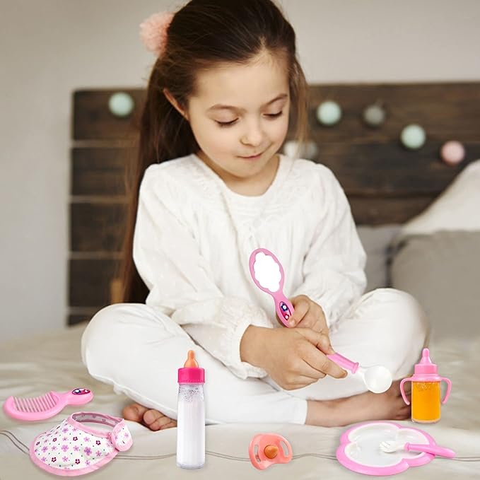 BNUZEIYI Baby Accessories - Feeding and Caring Set With Bottles, Diaper, Changing Mat, Clothes for 14-16 Inch Dolls, 18 Inch Pretend Play Set for Girls Gift