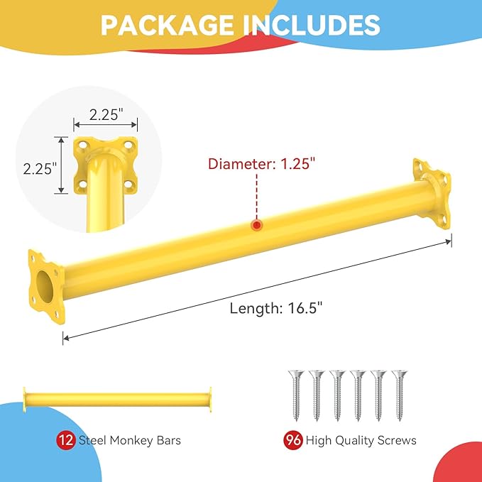 16.5 Inch Monkey Bars Kit Playground Ladder Rungs for Backyard Indoor Outdoor Kids Metal Monkey Bars Swing Set Playset Accessories (Yellow, 12 Pcs)