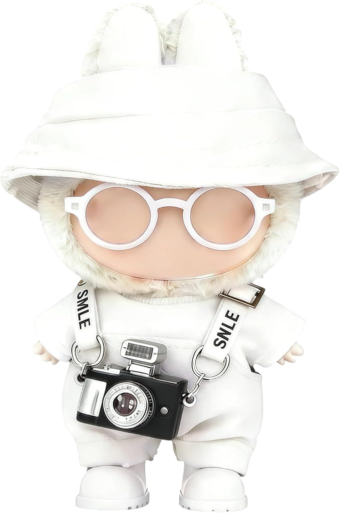 Clothes for LABUBU 17cm Doll (NO Doll) – 6-Piece Set, Hat + Overalls + Shirt + Camera + Glasses + Shoes, Outfit for LABUBU, Premium Dolls Accessories for LABUBU (White)