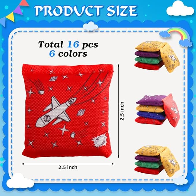 16 Pack Bean Bags for Kids - Small Colorful Mini Bags for Cornhole, Tossing - Outdoor Yard Game for Children, Family, Adults (6 Colors)