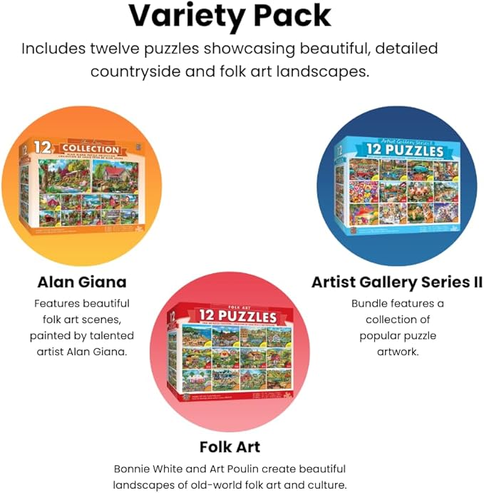 MasterPieces Jigsaw Puzzle 12-Pack Bundle Set, Folk Art by Alan Giana, Multi-Pack for Adults & Kids, Eco-Friendly