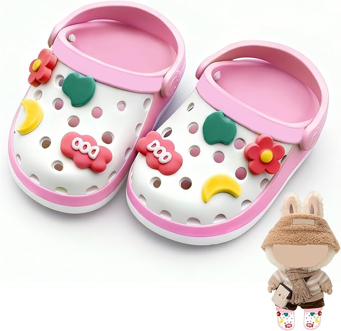 Doll Shoes,6.7in(17cm) Plastic Doll Dress up Shoes,Doll Decoration Accessories for Mini Clog Shoes with Cute Decoratives,Dual-Tone Oil Painting Design with Removable Ornament (Pink)