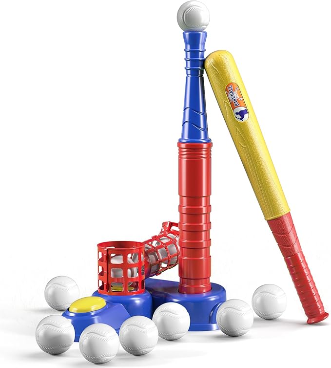 TEMI 2 in 1 Tee Ball Set for Kids 3-8, Kids Baseball T-Ball Set with 10 Balls, Step on Pitching Machine, Batting Tee, Outdoor Sport Toy Games for 3-12 Year Old Boys Girls Toddler