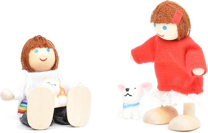 Jzszera Wooden Doll House People of 7 Miniature Figures and 2 Pets, Dollhouse Dolls Family Set Accessories for Girls Toddler Kids Pretend Play and Imaginative Fun