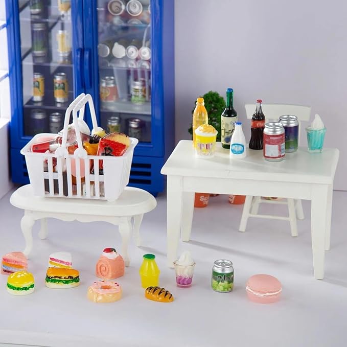 50 Pcs Miniature Food Drink Bottles Soda Pop Cans Pretend Play Kitchen Game Party Accessories Toys Hamburg Cake Ice Cream for 1/12 Doll House (25Food+25Drink)