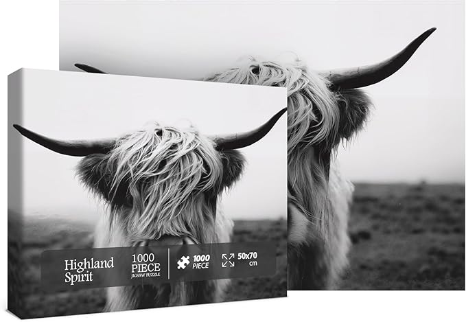 Black White Highland Cow Puzzles for Adults 1000 Pieces,Impossible Hard Difficult Challenging Aesthetic Jigsaw Puzzles, Art Animal Puzzle