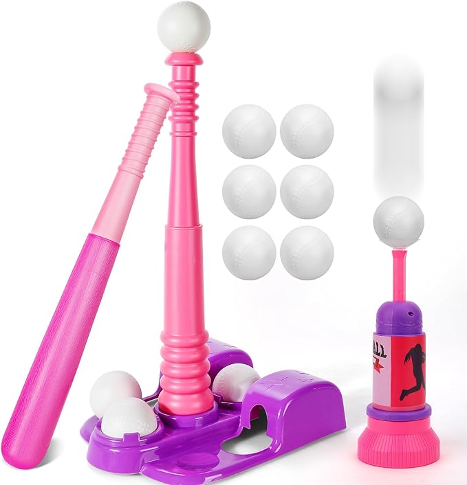 TOY Life T Ball Sets for Kids 3-5, Baseball Set for Toddler Girls, TBall Stand with Ball Launcher and 6 Teeballs, Indoor/Outdoor Sport Toys Gifts for Girls, Pink