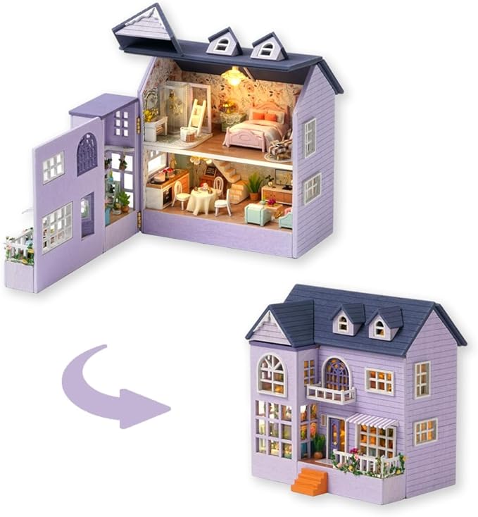 TuKIIE DIY Miniature Dollhouse Kit with Furniture, 1:32 Scale Creative Room Opened & Closed Mini Wooden Doll House for Kids Teens Adults(Happy House)