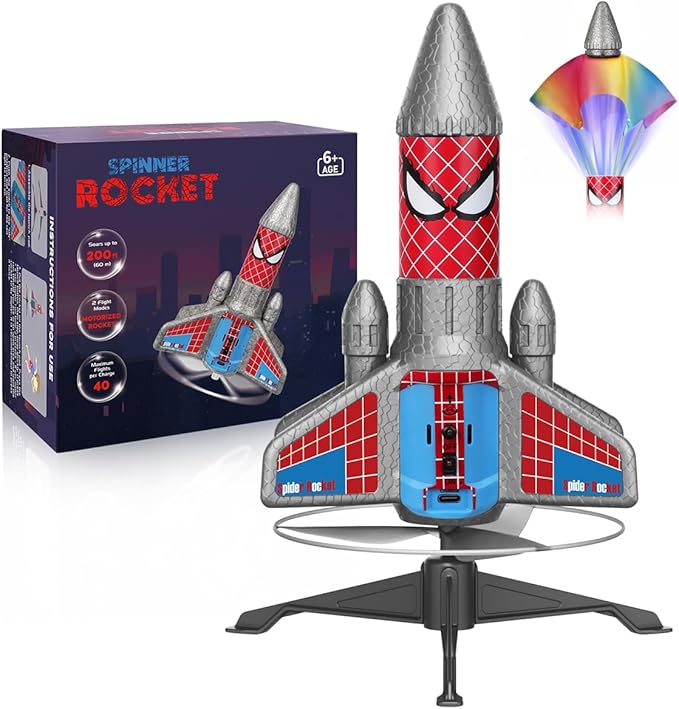 Rocket Launcher for Kids – 2nd Gen Upgraded Design, Electric Auto Launch, 200ft Flight with Safe Parachute, Outdoor Rocket Toy for Boys & Girls, Birthday Gift for Ages 6-13, Spider Pattern