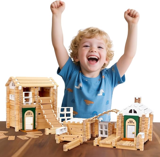 Jovi-mindly＆Notchies 107 Pcs Wooden Blocks Toys with Door and Windows,Classic Old Fashioned Toys,Wooden Building Blocks for Kids Ages 4-8 Boys and Girls,Easter Toys Gifts(No Printed Manual)