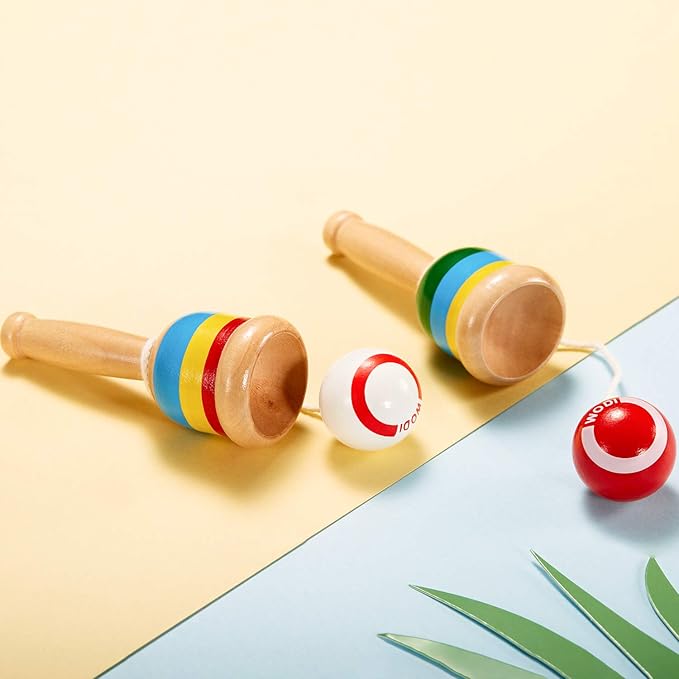 TOODOO 2-Piece Jacks Game with Paddle, String, Cup and Ball - Mini Wood Catch Ball for Hand-Eye Coordination
