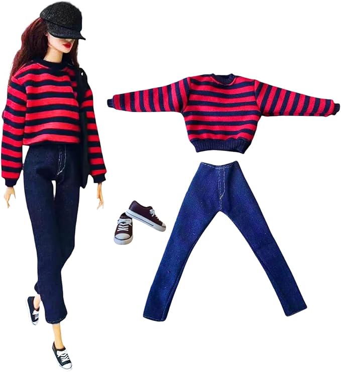 3-Piece Fashion Doll Outfit Set, Sweater with Denim Shorts and Shoes, 11.5 inch Doll or BJD (red Striped)