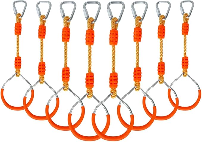 Fitness Gymnastic Ring Swing Monkey Bar Fists Trapeze Obstacle Course For Backyard Outdoor Indoor Jungle Home Gym, 8 Pack Orange Hang Ninja Rope Rings Warrior Accessories Playground Training Equipment