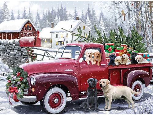 Bits and Pieces 300 Piece Puzzles for Adults 300 Large Pieces 15" x 19" Jigsaw Puzzles, Red Truck Presents Dogs, Random Die Cut, No 2 Pieces Alike, Christmas Delivery