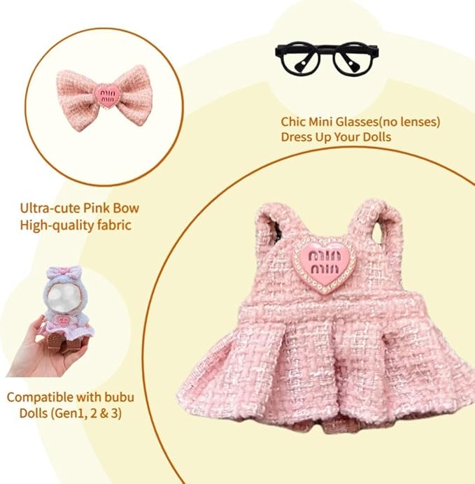 Doll Clothing for Labubu, Premium Outfits for Labubu Dressing up, Doll Accessories for Labubu with Dress, Glasses(Pink)