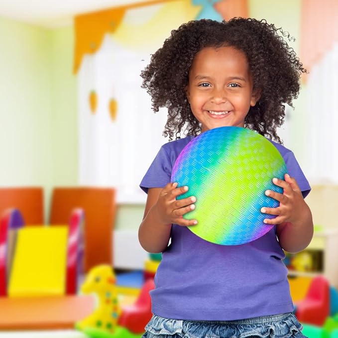 ArtCreativity Rainbow Playground Ball for Kids with Hand Pump, Bouncy 9 Inch Kick Ball for Backyard, Park, and Beach Outdoor Fun, Beautiful Colors, Durable Outside Play Toys for Boys & Girls