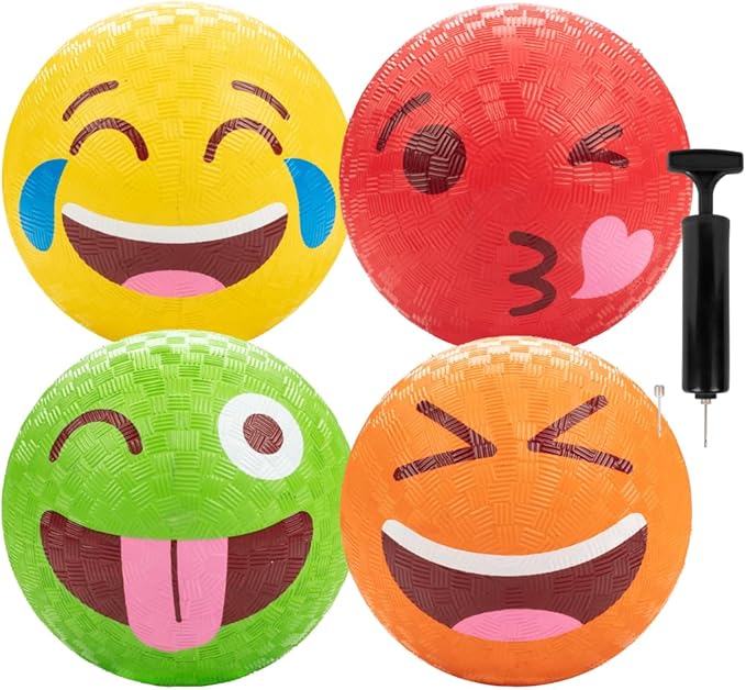 Silly Faces Playground Balls for Kids – 5 Inch Gaga Balls (4 Pk w Air Pump) – Durable Rubber Balls for Dodgeball, Handball, 4 Square, Outside School Recess Games, Kickball - Kids Easter Basket Stuffer